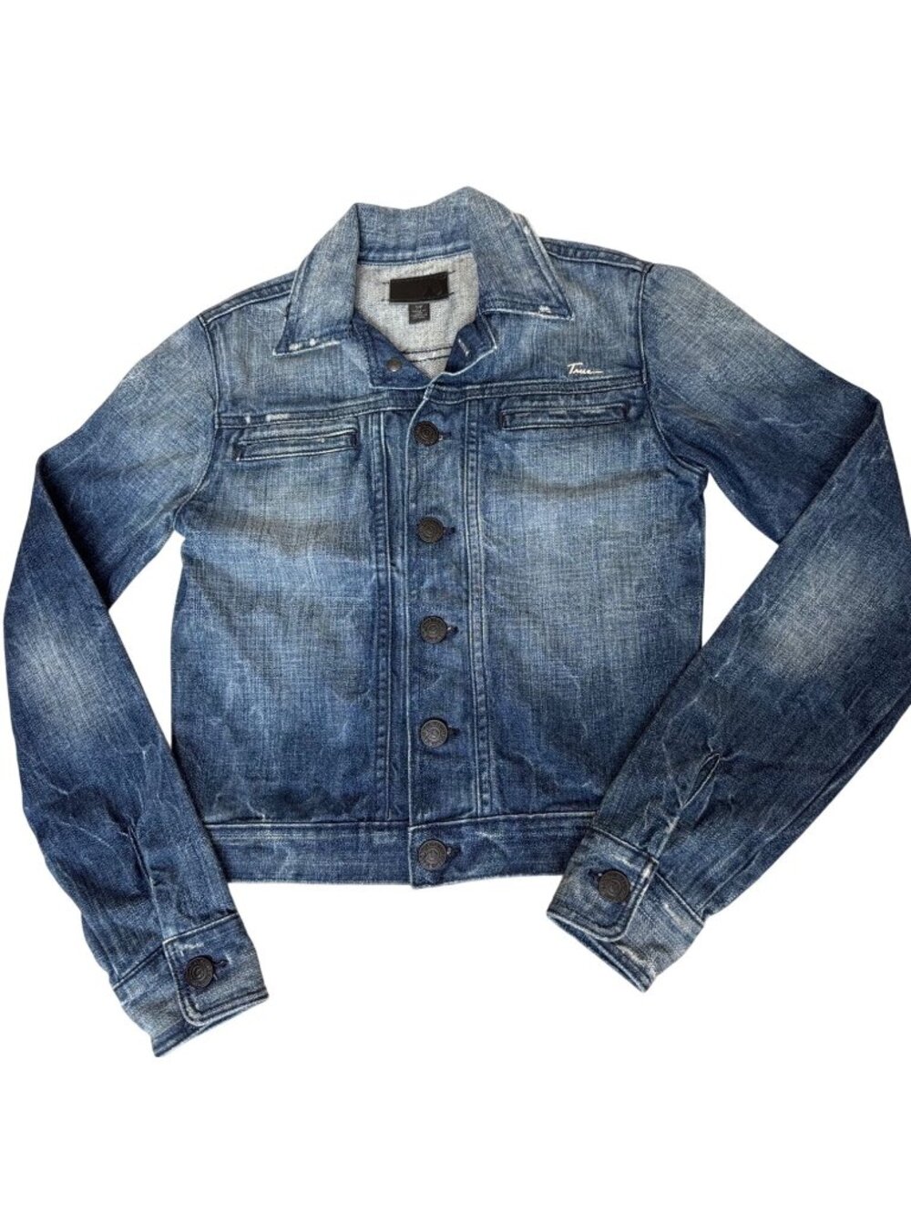 True Religion Womens S/P Denim Jacket Distressed USA Button-Up Faded Blue Casual